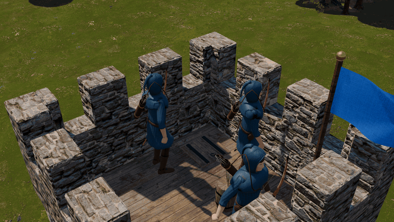 Tres arqueros caminan por el parapeto de una torre de piedra hasta los puestos que miran al lado por el que llegan los enemigos.