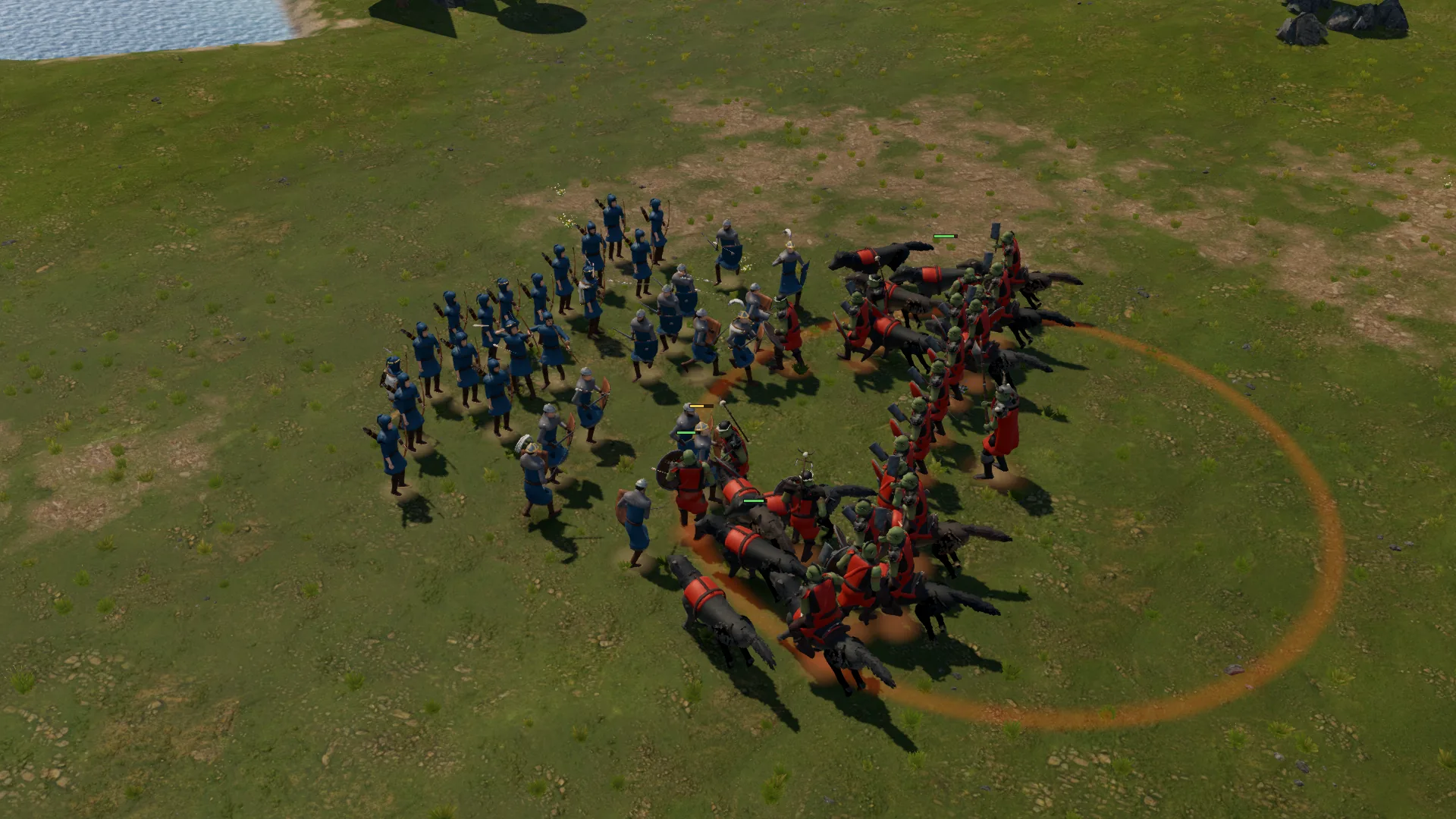 Batalla en campo abierto: una línea de infantes y arqueros humanos de azul frente a guerreros, huargos y jinetes orcos de rojo.