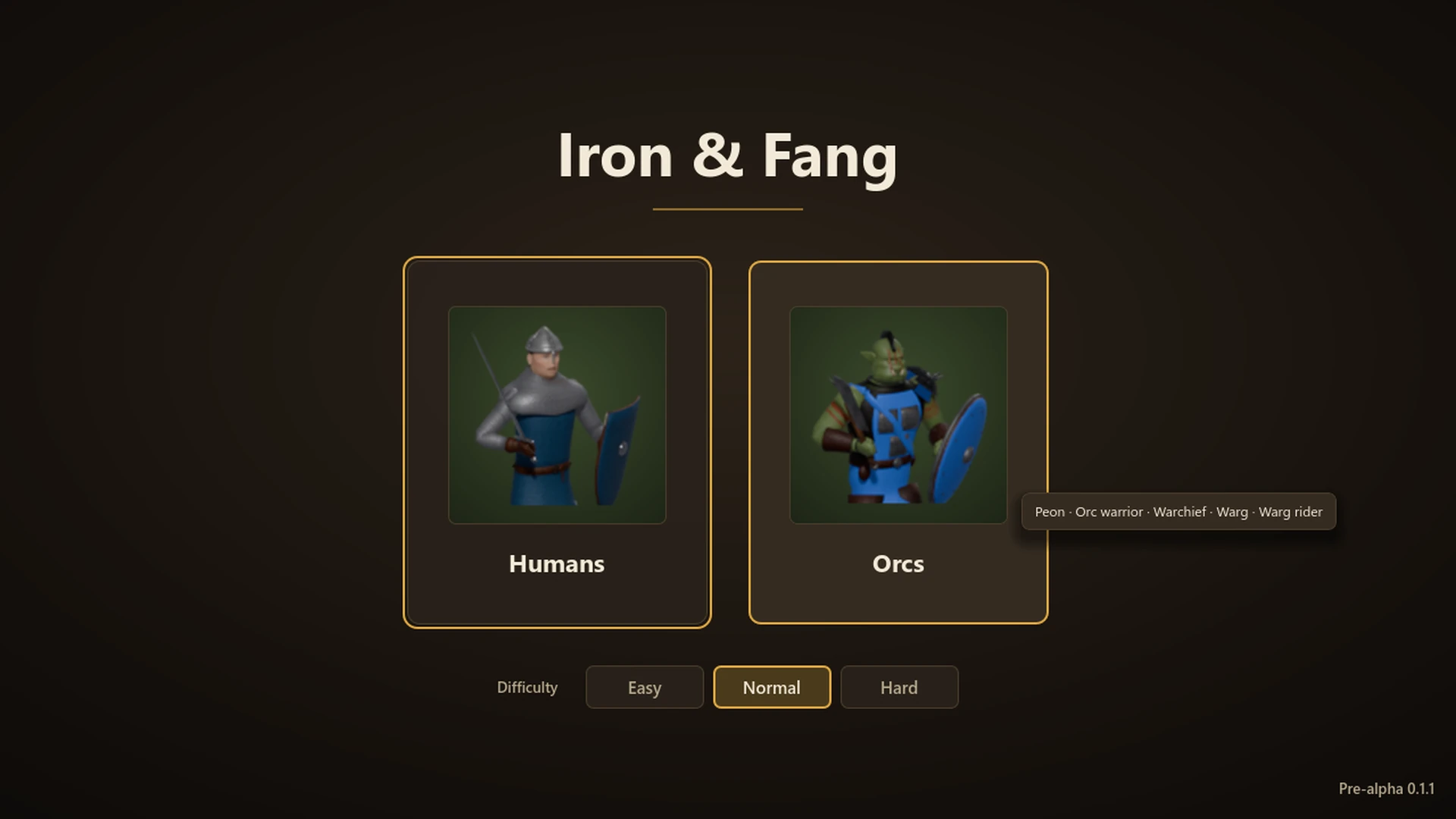 Start screen, the Iron & Fang title, the Humans and Orcs cards with Humans highlighted, and the Easy, Normal and Hard difficulty buttons with Normal selected.
