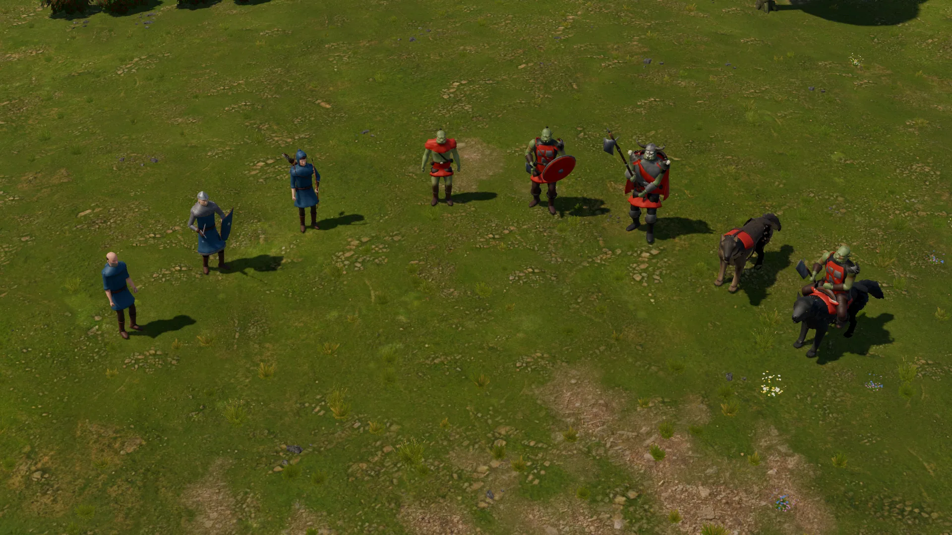 Las unidades de los dos bandos en fila sobre el pasto: trabajador, infante y arquero de azul; peón, guerrero y jefe de guerra de rojo, un huargo y un jinete de huargo.